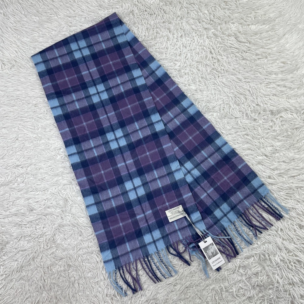 NWT Lochmere‎ Purple Blue Plaid 100% Cashmere Scarf Fringe Fergusons Balquhidder